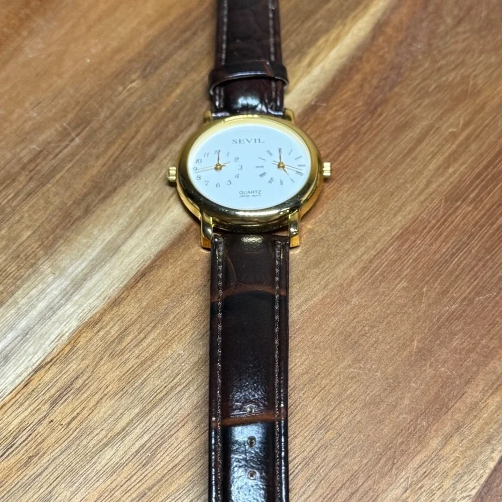 Sevil Dual Time Zone Watch Gold Tone Brown Leather Strap Japan Quartz Movt